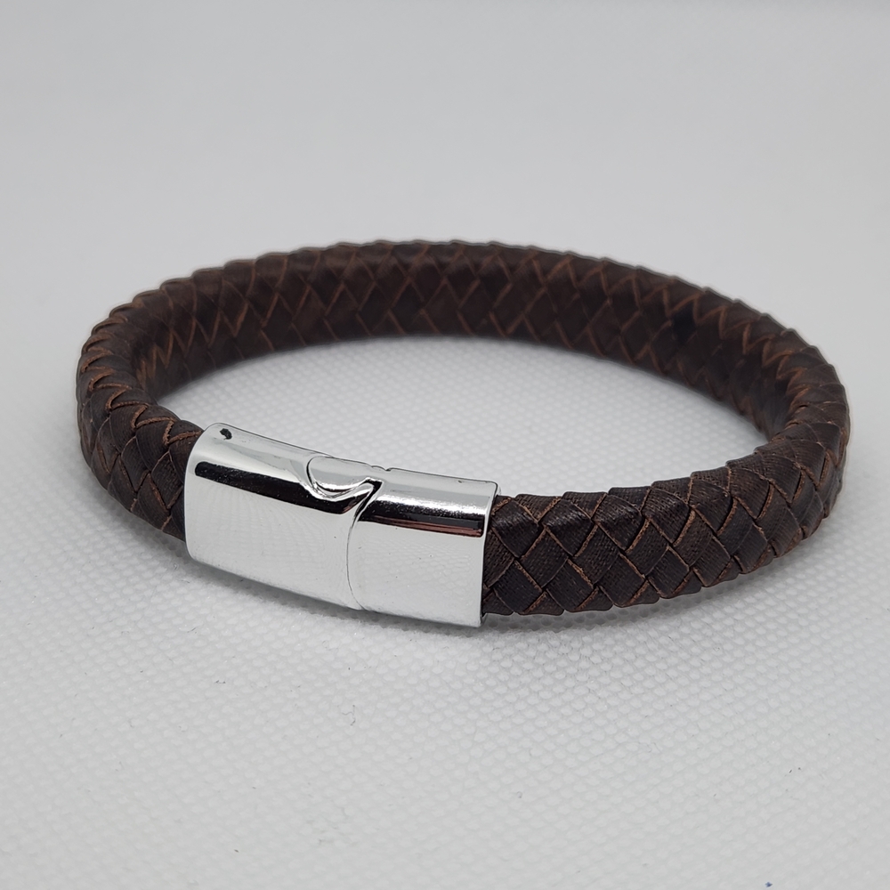 Brown Braided Leather Bracelet with Silver Clasp. 21cm